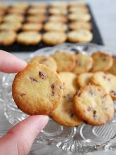 a hand holding up a small cookie in front of some cookies on a glass plate