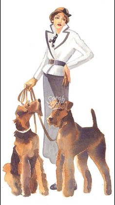 a watercolor painting of a woman holding two dogs on a leash, with another dog in the foreground