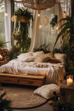 a bedroom with lots of plants and lights hanging from the ceiling