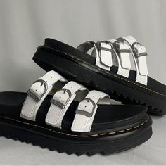 Dr Martens Blaire Slide Womens White 3 Strap Buckle Platform Sandals Brand New No Box Excellent Condition No Flaws Smoke Free Home White Slides With Buckle Closure For Spring, White Flat Slides With Buckle Closure, White Slides With Buckle Closure, White Slip-on Slides With Buckle Closure, White Slides With Leather Footbed, Adjustable White Leather Slides, White Slides With Buckle Closure For Vacation, Voss Sandals, Blaire Sandal