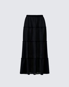 FINESSE Black Tiered Maxi Skirt, Wag Dr, Plain Background, Black Off Shoulder, Tiered Maxi Skirt, Graphic Top, Gauze Fabric, White Jersey, Mode Inspiration