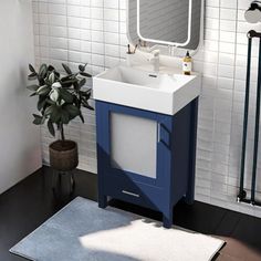 a bathroom with a sink, mirror and rug