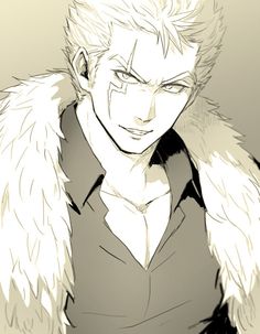 a drawing of a man with white hair and fur on his shoulders, looking at the camera