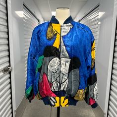 Good Condition Bust 49” Top Of Back To Bottom Hem 27.5” Kkkk42 90s Patchwork Blue Outerwear, 90s Style Blue Patchwork Outerwear, 90s Blue Patchwork Outerwear, Retro Blue Outerwear With Graphic Print, Coats Vintage, Bomber Jackets, Vintage Jackets, Vintage Jacket, Blue Yellow