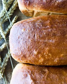 three loaves of bread sitting on top of a table next to some ears of wheat