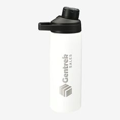 a white and black water bottle with the word center st on it's side