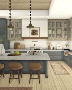 a large kitchen with wooden floors and gray cabinetry, along with two bar stools