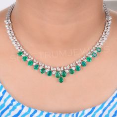 Zambian Emerald SI/H Diamond Wedding Necklace 14k White Solid Gold 25.87 Tcw Green Diamond Necklace For Formal Occasions, Formal Green Hallmarked Diamond Necklace, White Gold Diamond Emerald Necklace With Hallmark, Formal Bridal Necklace In White Gold With Gemstones, White Gold Bridal Necklace With Gemstones For Formal Occasions, Formal Round Gemstone Bridal Necklace, Formal Bridal Necklace With Round Gemstones, Formal White Gold Bridal Necklace With Gemstone, Formal White Gold Emerald Necklace With Hand-set Stones