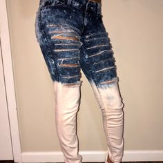 Custom 1 Of 1 Levi Distressed Two Tone Womens Jeans Size 5 Womens Skinny Fit Fitted Bleached Bottoms For Spring, Fitted Blue Bleached Bottoms, Fitted Bleached Jeans For Spring, Fitted Bleached Blue Bottoms, Spring Fitted Bleached Jeans, Trendy White Levi's Jeans, Fitted Distressed White Bottoms, Fitted White Levi's Jeans, White Fitted Levi's Jeans