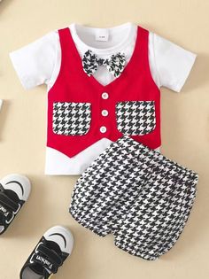 Baby Boy Casual Two piece shorts outfit.Baby Boy Red summer outfit with bow tie. baby boy Red and black summer outfit comes with shirt vests with bow tie and shorts set. This baby boy outfit is perfect on a summer day. It's also 100% cotton . Baby Fashion Summer, Black Summer Outfits, Summer Shorts Outfits, Christening Outfit, Bow Top, 6 Month Baby, Boys Clothes, Boy Clothes, Baby Bows