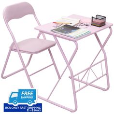 a pink table with two chairs and a magazine rack on the top, next to it is free shipping usa only fast shipping