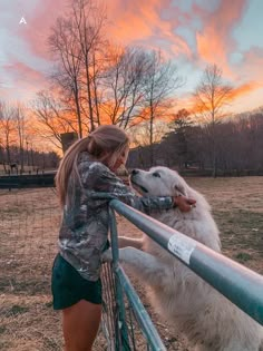 a woman petting a white dog on top of a metal fence in front of a sunset