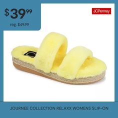 Features: ComfortBase Material: 100% PolyesterUpper/Outer Base Material: 100% SyntheticShoe Lining Material: Faux FurSole Material Content: 100% SyntheticCare: Machine Wash, Hand WashCountry of Origin: Imported Journee Collection, Slippers, Slip On, The Originals, Yellow, 10 Things