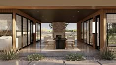 an outdoor dining area with glass doors leading to the patio