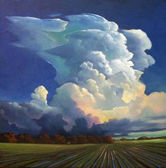 an oil painting of clouds over a field with rows of crops in the foreground