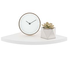 a white clock sitting on top of a shelf next to a succulent plant