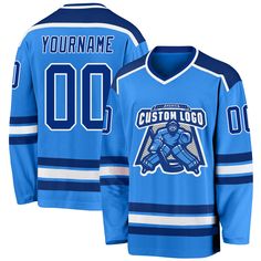 a blue hockey jersey with the name and number on it, that says custom logo