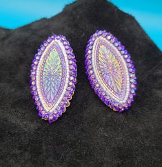 Native American Indian Handmade Cabochons Earrings Handmade Purple Drop Clip-on Earrings, Handmade Oval Purple Earrings, Handmade Multicolor Oval Earrings, Handmade Iridescent Drop Earrings, Unique Cabochon Drop Earrings, Handmade Unique Iridescent Earrings, Oval Beaded Earrings For Gift, Beaded Fashion, Beaded Earrings Native