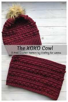 the xoxo cowl is knitted in red yarn with a pom - pom