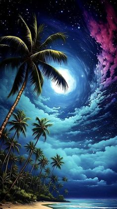 a painting of palm trees on the beach under a night sky with stars and clouds