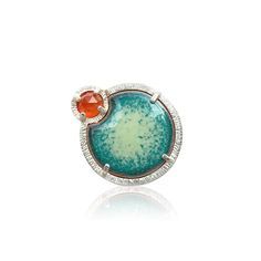 Silver, Stone & Enameled Ring - This ring features a 5mm rose-cut carnelian cabochon, contrasted with a turquoise torch-fired enamel over copper set in bright sterling silver.<br><br>Available in quarter sizes 4-11. Round Multi-stone Enamel Jewelry, Unique Enamel Gemstone Ring, Unique Enamel Rings With Gemstone, Artist Card, Jewelry Showcases, Artful Home, Cabochon Ring, Enamel Ring, Black Paper