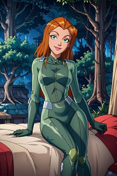 a woman sitting on top of a bed in a green suit with trees behind her