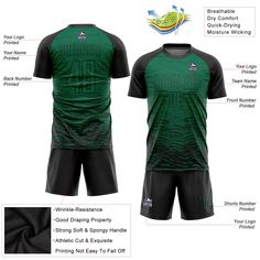 Custom Soccer Uniforms - Custom Kelly Green Black Sublimation Soccer Uniform Jersey Black Sublimation T-shirt For Team Events, Black Sublimation Design T-shirt For Team Events, Customizable Black Sports T-shirt, Customizable Black Jersey T-shirt, Customizable Black T-shirt For Sports, Customizable Black T-shirt For Football Season, Black Soccer Jersey, Soccer Uniforms, Blue Football