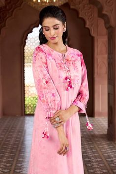 Cherry blossom pink kurta with prints, tassels, coin and sequin work. Comes with matching printed pant. - Aza Fashions Festive Pink Floral Print Palazzo Set, Designer Pink Salwar Kameez With Printed Motifs, Pink Salwar Kameez With Printed Motifs, Elegant Pink Palazzo Set With Printed Motifs, Pink Designer Wear Sets For Spring, Pink Floral Print Palazzo Set For Eid, Pink Floral Print Festive Sets, Festive Pink Floral Print Sets, Pink Anarkali Palazzo Set With Floral Print