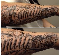 two pictures of the same tattoo on someone's arm, one with an inscription that says