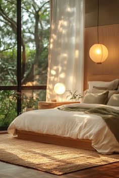 Japandi bedroom with low platform bed, wooden nightstands, and soft lighting from large windows and lamps