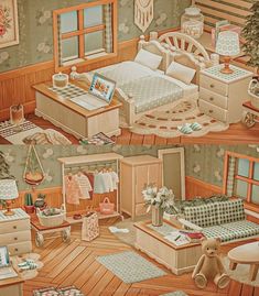 a painting of a bedroom with furniture and decor on the walls, including a teddy bear