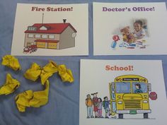 four children's station cards with yellow crumpled paper in front of the school bus