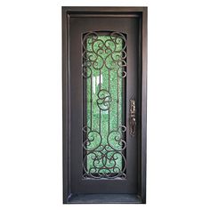 an iron door with green glass on the front and side doors, which have decorative designs