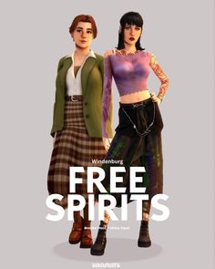 two women standing next to each other with the words free spirits in front of them