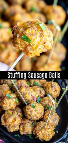 two pictures showing different types of stuffed sausage balls on skewers with toothpicks in them