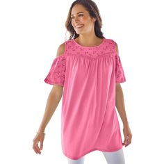 Feel pretty in this eyelet tunic. Knit eyelet, pointelle and open stitch cold shoulder. Shorts Sleeves and straight bottom hem. A-line silhouette. Party Blouse, Woman Within, Feel Pretty, Linen Women, Layered Look, Shop Blouses, Cold Shoulder, Sleeve Styles, Top Shirt