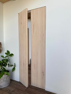 an open wooden door in a room with a potted plant on the floor next to it