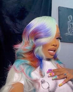 Multi Colored Wigs, Rainbow Wig, Sew In Hair Extensions, Sew In Hairstyles, Creative Hair Color, Dyed Hair Inspiration, Barbie Hair, Dyed Natural Hair, Pretty Hair Color