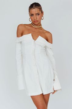 Shop the Tamra Long Sleeve Off-Shoulder Zip Dress White | Selfie Leslie Yellow Bridesmaids, Off Shoulder Fashion, Bag Model, Zip Dress, Iron Material, Date Night Dresses, Mini Dress Casual, Saddle Bag, Ruched Dress