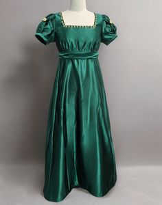 Gothic Deep Green Bridgerton Inspired Regency Dress Women - Green Bridgerton Dress with Bow Tie Belt Plus Size - WonderlandByLilian Green Victorian Dress With Historical Design, Vintage Green Dress With Historical Design, Green Dress With Historical Design, Green Vintage Dress With Historical Design, Fitted Victorian Green Dress, Fitted Green Victorian Dress, Green Fitted Victorian Dress, Green Formal Dress With Historical Design, Elegant Vintage Dress With Historical Design