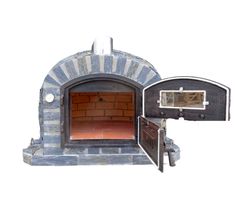 an outdoor brick oven with doors open on a white background and no people around it