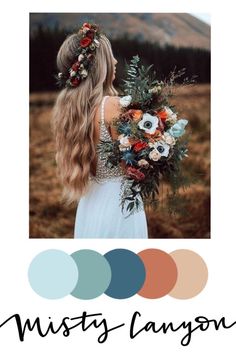 a woman with long hair and flowers in her hair, holding a flower bouquet on the side