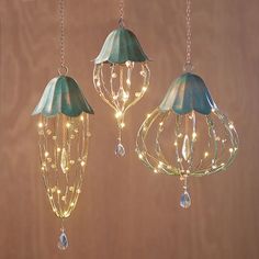 two hanging lights that have been decorated with fairy lights