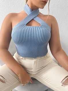 Free ReturnsFree Shipping On Orders $49Plus Criss Cross Backless Halter Knit TopPlus Size Knit Tops at SHEIN. Elegant Outfits, Knit Tops, Braided Hairstyles, Knit Top, Crochet Top, Natural Beauty