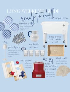 the contents of a blue and white home decor collage with text that reads long weekend guide