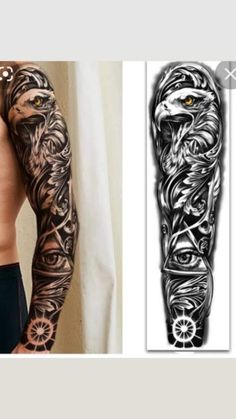 a man with tattoos on his arm next to an image of the same tattoo design