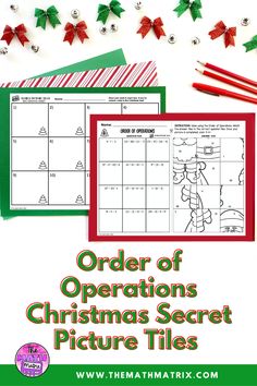 an order of operations christmas secret picture tiles with candy canes and holly decorations on top