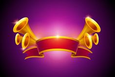 a purple background with two gold trumpetes and a red ribbon on the bottom that says happy new year