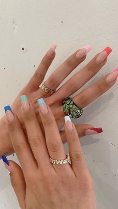 Cute Colored French Tip Nails Acrylic, Different Shades French Tip Nails, Trendy Nails French Tip Color, Colors To Get Your Nails Done, Colorful Coffin Acrylic Nails, Colorful French Tips Nails, Different Color Nails French Tip, Colorful French Tip Nails Coffin, Colorful French Tip Nails Acrylics