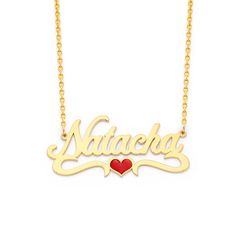 "How Can I put order Name Necklace ?This name plate with Single Red Heart Enamel filled and can be customized with any name you want. just click the - customize - now. Necklace is made of Solid Gold and Soldered jump rings to Chain to ensure connections are permanently secure. Personalized Name Necklace Details: Average Name Pendant Width: 45MM and  depends on your name for the personalized name necklace.(Max: 8 letters)Average Name Pendant Height : 3/4 Inch (20 MM) Approx. Pendant Thickness: 1.1MM / 19 Gauge / 0.043\" It's Enamel, not filled with Spray Color: Enamel paint, is an oil paint we can use as an exterior paint or interior paint. we use enamel paint on metal surfaces that don't flex or shift over time. It's hard and shiny There are Six different chain lengths can be chosen, 14\", Customizable Red Jewelry For Personalized Gift, Customized Red Jewelry For Personalized Gift, Gold Sheets, Heart Red, Red Necklace, Rolo Chain, Art Jewelry, Metallic Paint, Name Plate